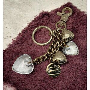 Kathy Van Zeeland Heart Charm Keychain Chunky Gold Tone with Clear Hearts